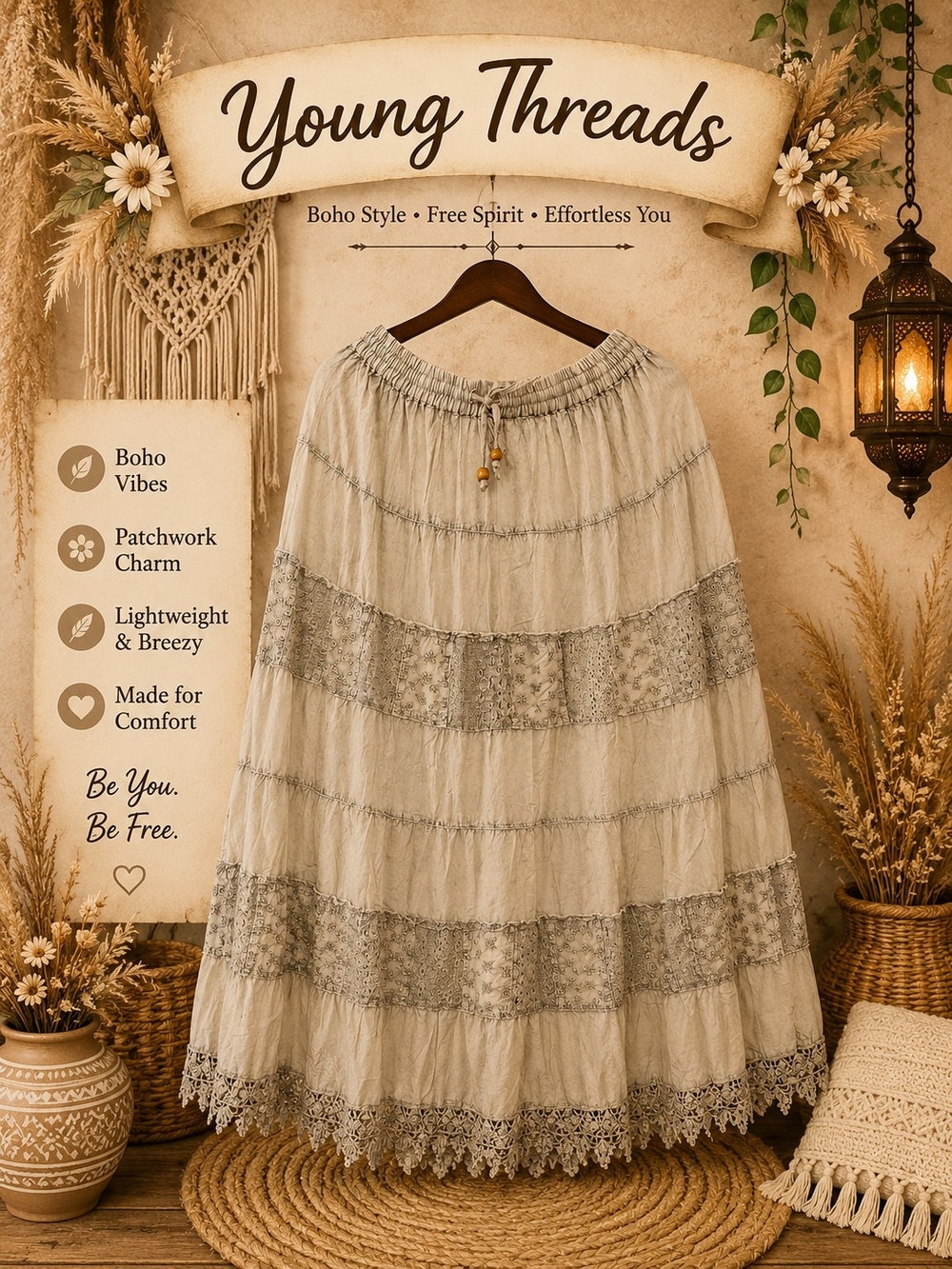 352. Young Threads Cream Boho Tiered Lace Maxi Skirt